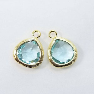 2 pcs, 13x10mm, Sky Blue Short Teardrop Pendant Charm Dangle, Faceted Glass Teardrop, Frame Glass Drop, Gold Bezel, PC-0236