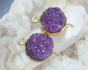 2 pcs, 18x10mm, Natural Druzy Drusy Pendant Set in Gold Tray, Double Bail Connector round pendant, 8mm Color Enhanced Amethyst druzy stone