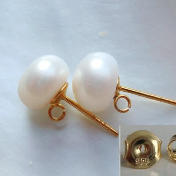 2 pcs, Sterling Silver Pearl Ear Post, 7.5-8mm AAA Genuine Creamy White Pearl Ear Stud with Open Loop