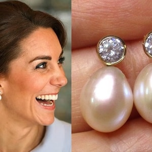 Inspired By The Smile, Real Big Teardrop Pearl Dangle Earring, 14K Gold Filled or Sterling Silver 4mm Diamond  Cubic Zirconia Pearl Earring