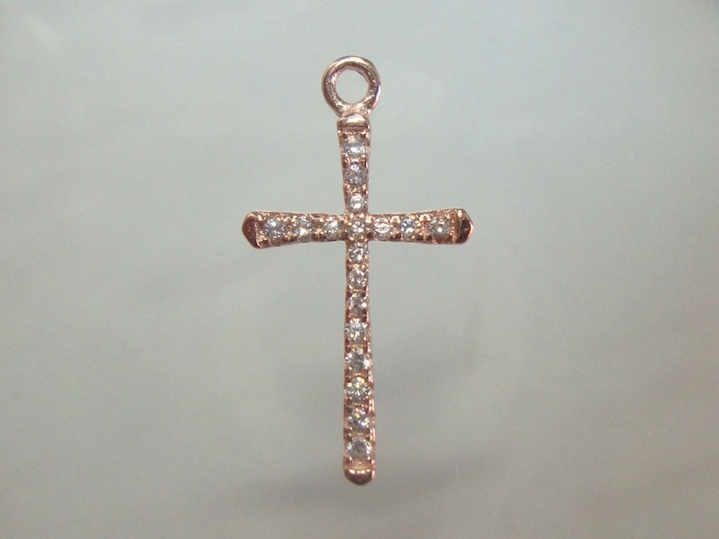 PC-0165 21x11mm 1 pc Rose Gold Plate 925 Sterling Silver Diamond CZ Skinny Cross Pendant Charm