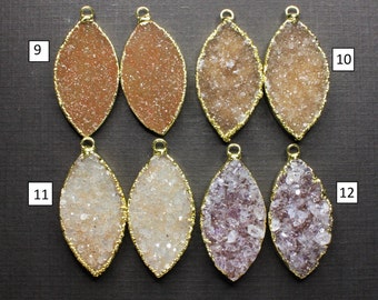 Reduced from36.00, All Natural Druzy Drusy 24K Gold Electroplated Matching Pair pendants, Beautiful Leaf Shape, Marquise - LP-726
