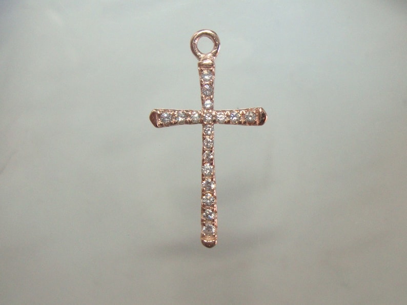PC-0165 21x11mm 1 pc Rose Gold Plate 925 Sterling Silver Diamond CZ Skinny Cross Pendant Charm