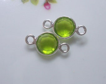 4 pcs, 14x7mm, 6mm stone, Green Peridot quartz Sterling silver Bezel Rim Pendant Connector, August Birthstone, GS-0050