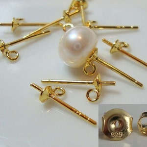 Bulk 10 pcs, 18K Gold plate Sterling Silver 4mm Pearl Cup and Peg Ear Post with Open Loop, 925 Stamped Hallmarked, With Ear Back, EP-0036