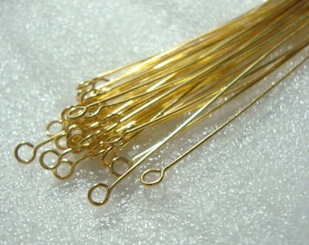 10 pcs, 24g gauge 55mm, 2.25 inch, Gold Vermeil over Sterling silver Eye Pins, Eye Pin