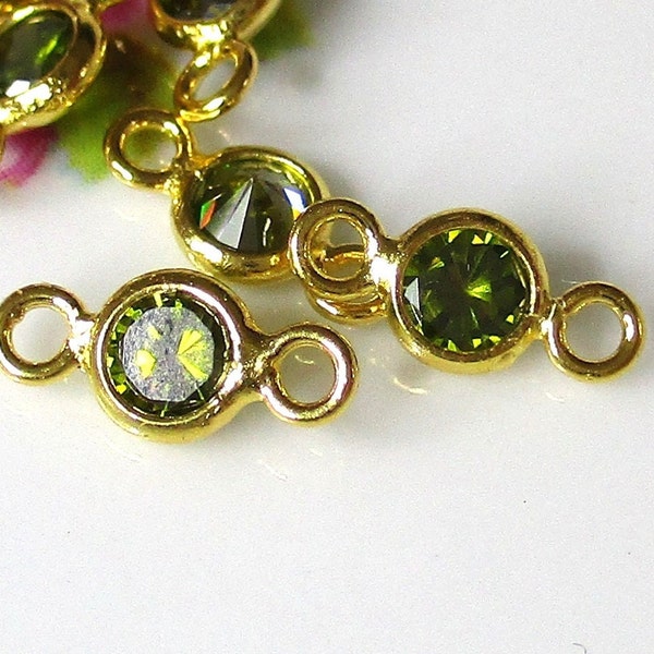 2 pcs, 3mm, 18K Gold, 925 Sterling Silver Peridot AAA CZ Tiny Round Bezel Connector, August Birthstone, Minimalist Collections, CC-0109-8