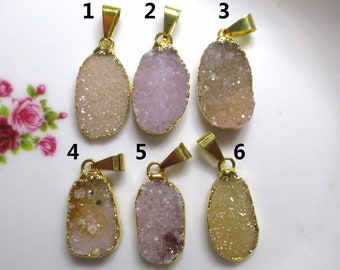 Natural Off White Agate Drusy Druzy Freeform Bail Gold Edged, Gold Electroplated Pendant, PC-0529