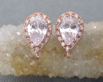 2 pcs, 15x9mm, PREMIUM Large Rose Gold Plate Upside Down Crystal Clear Teardrop Ear Post, Open Loop, EP-0072