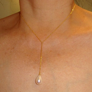 Dainty Pearl Drop Necklace , Delicate Lariat Y Necklace, 925 Sterling Silver, Gold Plate and Rose Gold Plate