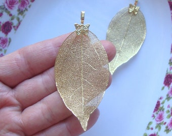 1 pc, Real Leaf Dipped in 24K Gold, Pretty Butterfly Bail, 65-70x30mm