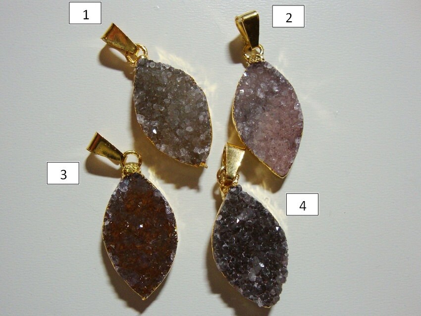 Reduced from 18.00, Drusy Druzy Crystal 24k gold Edged Leaf Pendant, Fine Quality Druzy Crystal - D22-L4 - sale
