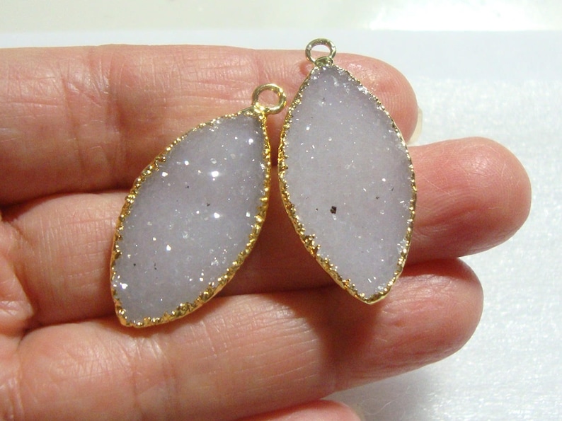 Natural Off White Agate Druzy Drusy 24K Gold Electroplated Pendant Pair Marquise Beautifu Leaf 17e sale Reduced from 39.10