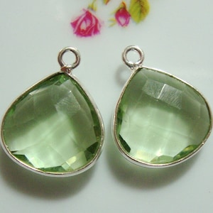 2 pcs, 14x17mm, Green Amethyst Quartz Sterling Silver Pendant, Handmade Bezel Rim Prasiolite Pendant finding, 015