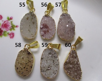 Natural Off White Agate Drusy Druzy Freeform Bail Gold Edged, Gold Electroplated Pendant, PC-0529