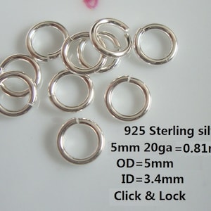 bulk 10-50 pcs, 5mm, 20ga gauge, locking ring, 925 Sterling Silver Click and Lock Jump Rings, Open locking Jumprings, strong jump ring