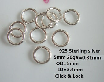 Paquete de 10 a 50 unidades, 5 mm, calibre 20ga, anillo de bloqueo, anillos de salto de plata de ley 925 con cierre de clic, anillos de salto de bloqueo abiertos, anillo de salto resistente
