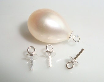 May include: A white pearlescent teardrop shaped pearl with a silver loop attached. Three silver pearl tips with a loop and a threaded post are also shown.