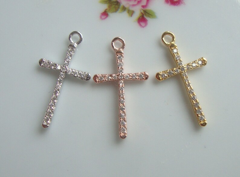 PC-0165 21x11mm 1 pc Rose Gold Plate 925 Sterling Silver Diamond CZ Skinny Cross Pendant Charm