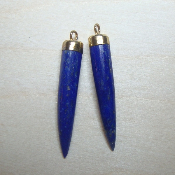 1-2 pcs, Lapis Lazuli Tusk Horn, 33x6 mm Gold Electroplated Pendant, GS-0034