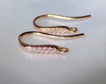 Rose Gold plate 925 Sterling Silver CZ Diamond Pave Small Ear Wire, Ear Hook, Open Loop, EW-0193