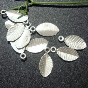May include: A group of nine silver leaf charms with a textured surface. The charms have a loop at the top for attaching to jewelry or other crafts. One charm has the number "925" stamped on it.