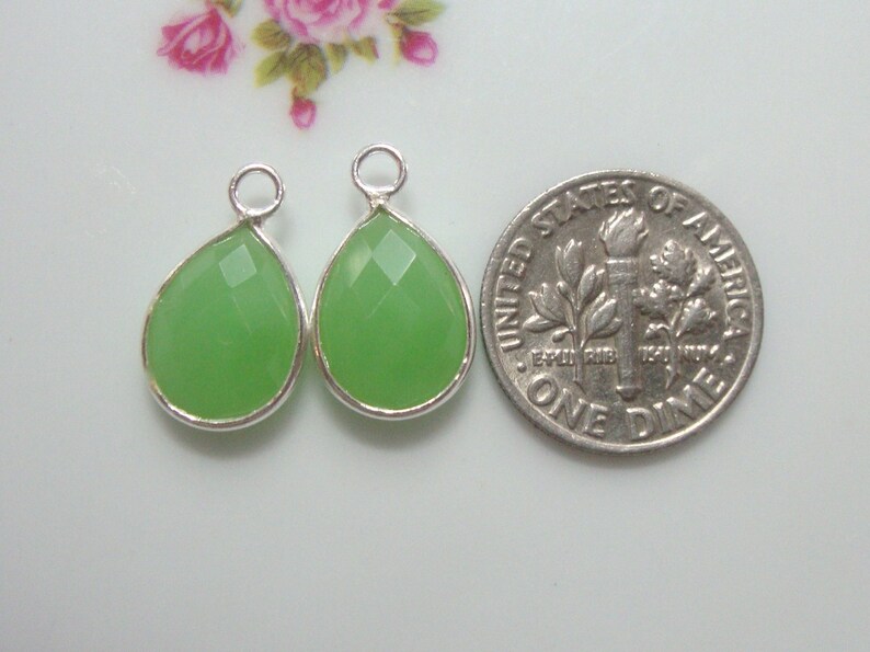 Tear Drop Green Chalcedony Sterling Silver Bezel Charm Pendant finding 16x10mm GC 2 pcs