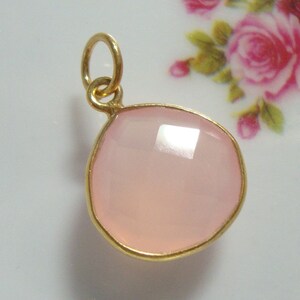 1 2 5 pcs, 14x17mm, Pink Chalcedony Rose Quartz Color Gold Vermeil Pendant, Handmade Vermeil Bezel Rim Pendant, PC