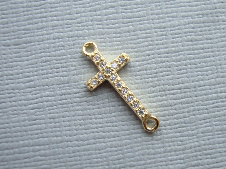 Sideway Cross 18K Gold over 925 Sterling Silver Diamond CZ Small Cross Connector Link 1 pc CC-0127 18x8mm