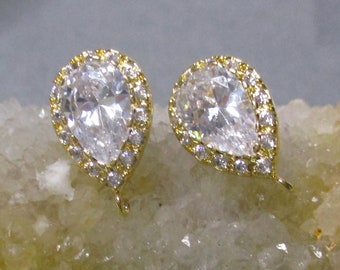 2 pcs, 15x9mm, PREMIUM Large Gold Plate Upside Down Crystal Clear Teardrop Ear Post, Open Loop, EP-0072