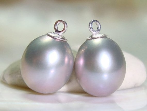 1-2 pc, 12-13x9.0-10mm, Fresh Water Pearl Drop Pearl Dangles, Gray Pearl Pendant, Sterling Silver Cup and Peg, Select the finish you like