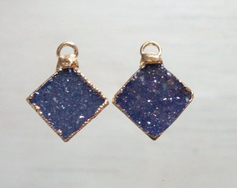 Denim Blue Agate Druzy Drusy Crystal Diamond Square 24K Electroplated Gold Edge pendants, Earring Pair, Dyed London Blue,10Blue