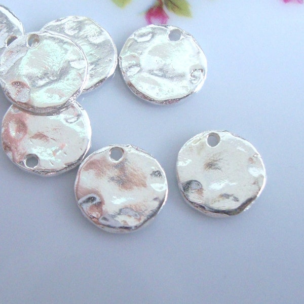 4 pcs, Organic Look, 8mm Sterling Silver Hammered Disc Charm Pendant, Earring Findings, PC-0389
