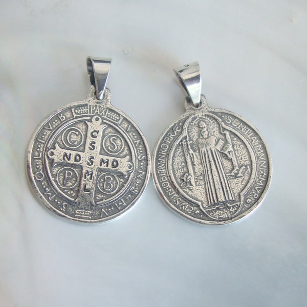 Sterling Silber St. Benedict Medaille, leicht oxidiert Saint Benedict Doppel Seite solide Medaille Anhänger, 20,5 mm, PC-0361