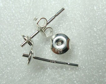 Bulk 10 pcs, 925 Sterling Silver 4 mm Pearl Cup Ear Post complete with ear back, Hallmarked, EP-0062