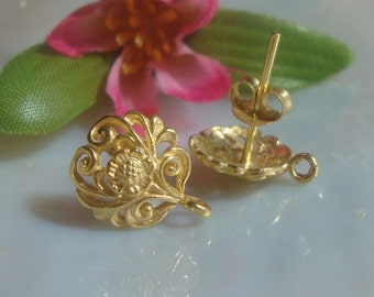 Une paire de boucles d'oreilles florales en vermeil 24 carats sur argent sterling en filigrane avec écrous Loop Plus, anneau fermé, 12 x 10 mm, EP-0001