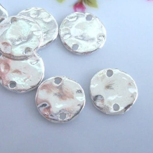 4 pcs, 8mm Sterling Silver Hammered Disc 2 Holes Connector, Earring Findings, CC-0229