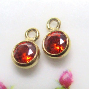 May include: Two gold-toned charms with a small loop at the top and a round red gemstone in the center.