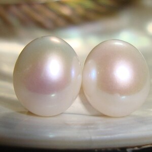 May include: A pair of white pearl earrings with a slight iridescent sheen.