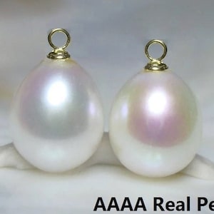 One Pair, 14K Gold Real Pearl Hooplets, Freshwater Pearl Creamy White AAAA 11-13x8-8.5mm Pearl Dangle, Loop for Hoops