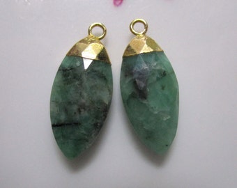 2 pcs, Natural Emerald Gold Electroplated Marquise Drop Shape, Leaf Drop, Horse Eye, GS-0468