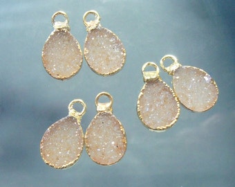 1 pair, Natural Light Sand Agate Druzy Drusy lovely Teardrop Small Pendant Charm, 24K Gold Edged, n28-3