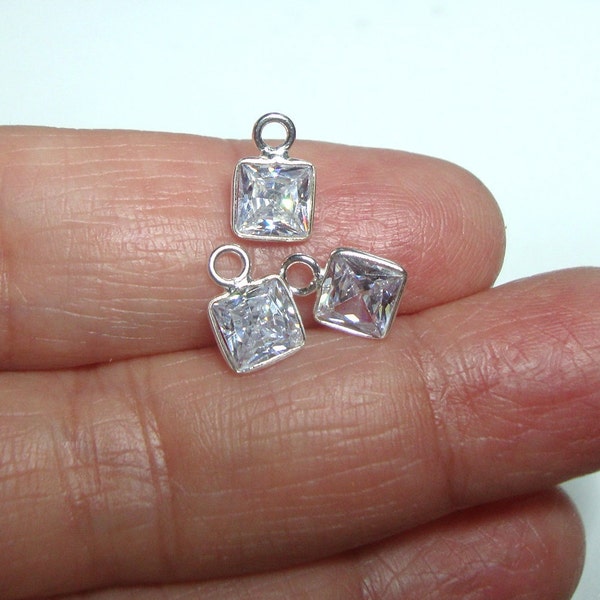 2 pcs, 5mm Princesses Cut Diamond CZ Square Sterling Silver Bezel Rim Tiny Small Pendant Charm, Earring Finding, PC-0306