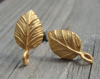 2 pcs, Gold Vermeil Leaf Ear Post with Connector Ring, Ear Back Included, EP-0003