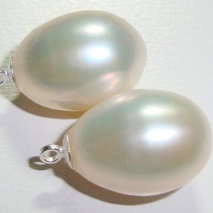 2 pcs, 15-17x9.5-10mm, Fresh Water Pearl Drop Pearl Dangles, AAA Elegant Elongated Creamy White Pearl, 925 Sterling Silver Bail