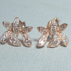 1 pair, Rose Gold Plate 925 Sterling Silver Cubic Zirconia Orchid Flower Ear Post with Closed Ring Loop, 9.5x11mm, EP-0107