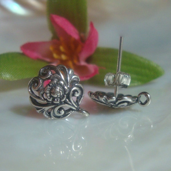 1 pair, Best Seller, Oxidized Sterling Silver Filigree Floral Ear Post Earrings With Premium Ear Nuts, closed loop, 12x10 mm, EP-0001