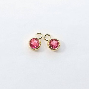 以下が含まれることがあります： ピンクの宝石が中央にセットされた、ゴールドトーンのチャームが2つ。各チャームには、ネックレスやブレスレットに取り付けるためのループが付いています。