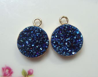 2 pcs, 12mm Peacock Blue Titanium Druzy Drusy Gold Electroplated Pendant, Earring Finding, Sparkles, R12Blue