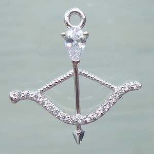925 Sterling Silver White Diamond CZ Bow and Arrow Birthstone Pendant Charm, 20x20mm, PC-0135, April Birthstone